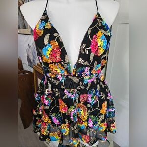 Lucy in the Sky Black Floral Sequin Deep V Halter Jumpsuit Romper Size L Perfect